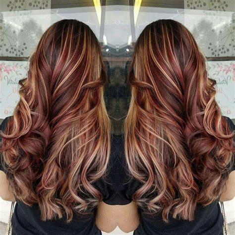 dark brown with auburn highlights|reddish brown with blonde highlights.